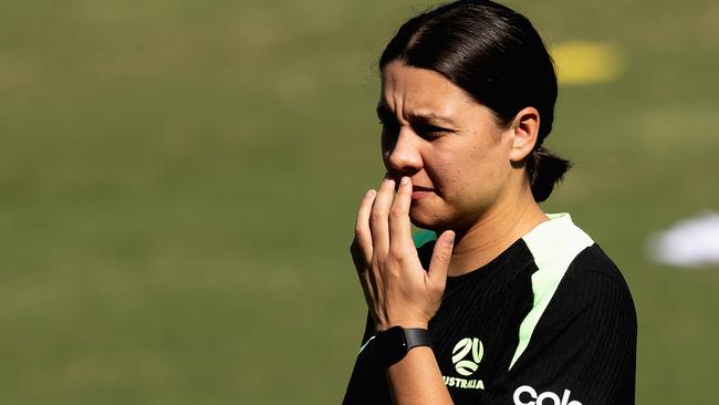 SYDNEY, AUSTRALIA - APRIL 03: Sam Kerr of the Matildas looks on during a Matildas training session at Allianz Stadium on April 03, 2025 in Sydney, Australia. (Photo by Cameron Spencer/Getty Images)