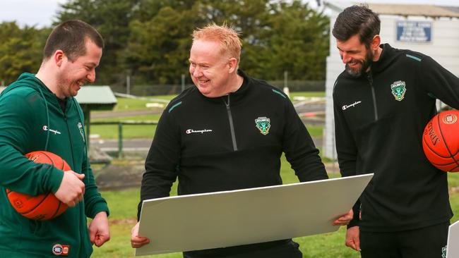 Tasmania JackJumpers announce their High Performance Centre at Kingston Sports Complex. Coaching staff Jack Fleming, Mark Radford and Jarrad Weeks with the plans. Picture: Linda Higginson