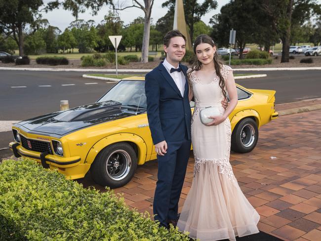 Jaden McIntosh partners Zoey Tanzer to her Wilsonton State High School formal arrivals at USQ, Wednesday, November 18, 2020. Picture: Kevin Farmer