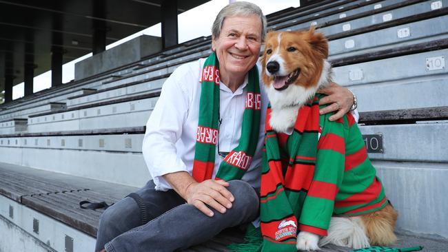 Lifetime South Sydney Rabbitohs supporter Ray Martin and his dog Jed at the club’s traditional home ground, Redfern Oval. Picture: John Feder