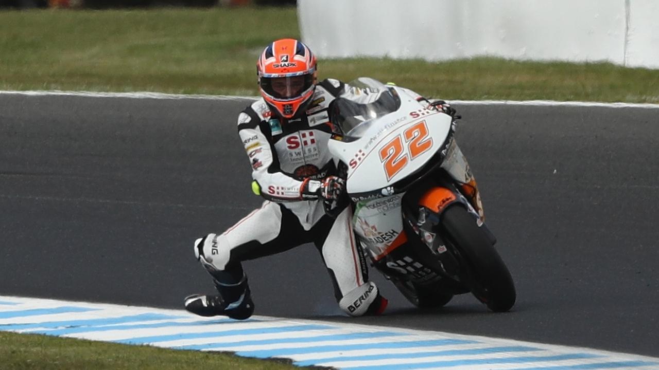 Sam Lowes somehow avoided crashing at high speed after this moment in Moto2 Practice 3 at Phillip Island. Pic: Robert Cianflone