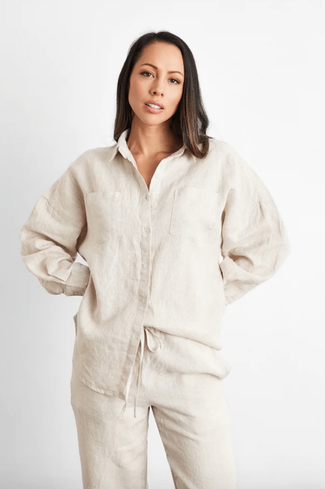 Bed Threads - Ready for bed in our linen sleepwear set in Oatmeal