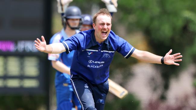 Mt Waverley’s Ryan Pearce celebrates a wicket against Ivanhoe. Picture: George Sal