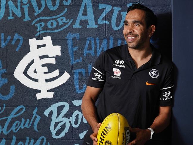 Eddie Betts poses during a Carlton Blues press conference in Melbourne, Monday, October 14, 2019. Betts, previously with the Adelaide Crows, has signed a one year contract until the end of 2020. (AAP Image/Michael Dodge) NO ARCHIVING