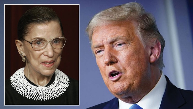 Ruth Bader Ginsburg in her famed collar, left, and US President Donald Trump. Pictures: AFP