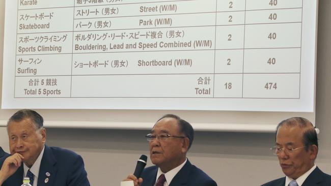 Tokyo 2020 Olympics Honorary President Fujio Mitarai, centre, announces Japan's additional sports to propose to the International Olympic Committee.