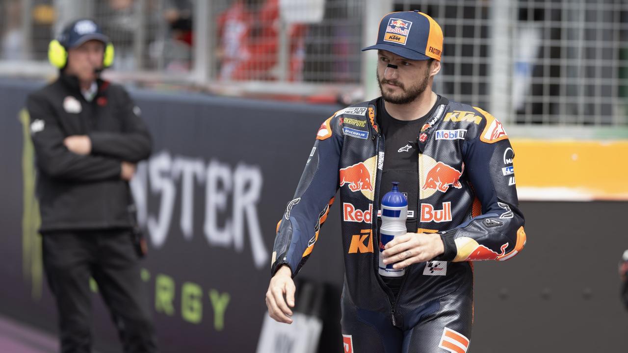 NORTHAMPTON, ENGLAND - AUGUST 03: Jack Miller of Australia and Bull KTM Factory Racing arrives on grid and prepares to start on the grid during the MotoGP Of Great Britain - Sprint at Silverstone Circuit on August 03, 2024 in Northampton, England. (Photo by Mirco Lazzari gp/Getty Images)