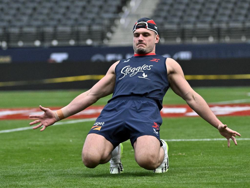 Sydney Roosters forward Angus Crichton warms up before the captainÃ&#149;s run at Allegiant Stadium on Friday, March 1, 2024, in Las Vegas. (Photo by David Becker)