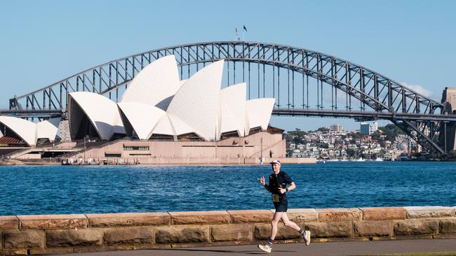 A competitor in the inaugural Bondi to Manly Ultramarathon in November 2022 pounds his way around Sydney’s Farm Cove. So far, about 2000 people have entered this year’s run to Manly set down for Saturday, October 28. Entires are still open. Picture: Bondi to Manly Ultra