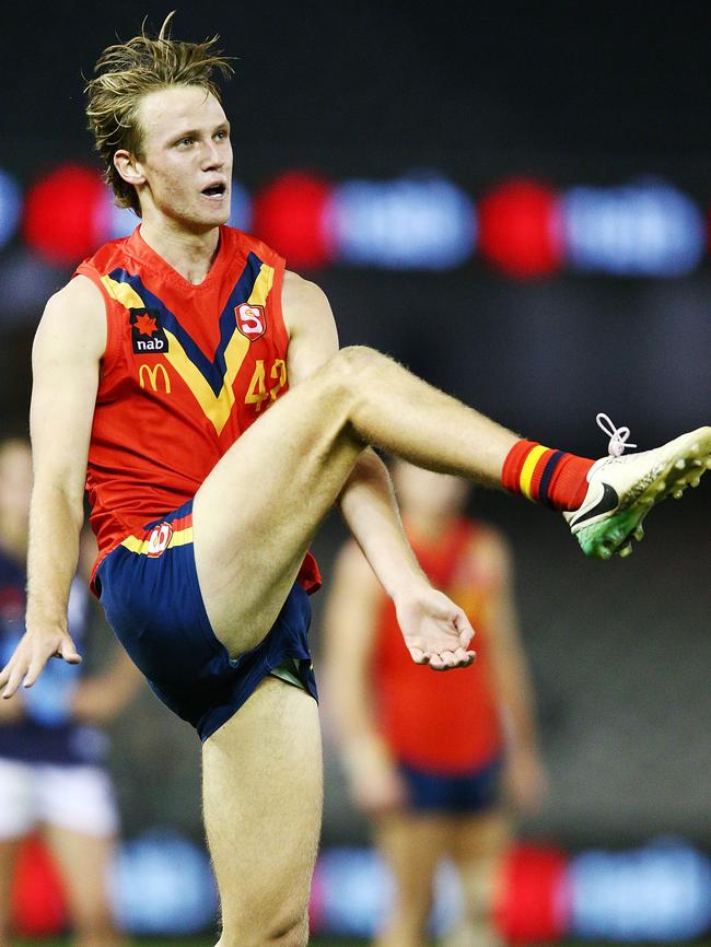 Jack Lukosius of South Australia kicks the ball during the U18 AFL Championship match between Vic Metro and South Australia at Etihad Stadium. Picture: Getty Images