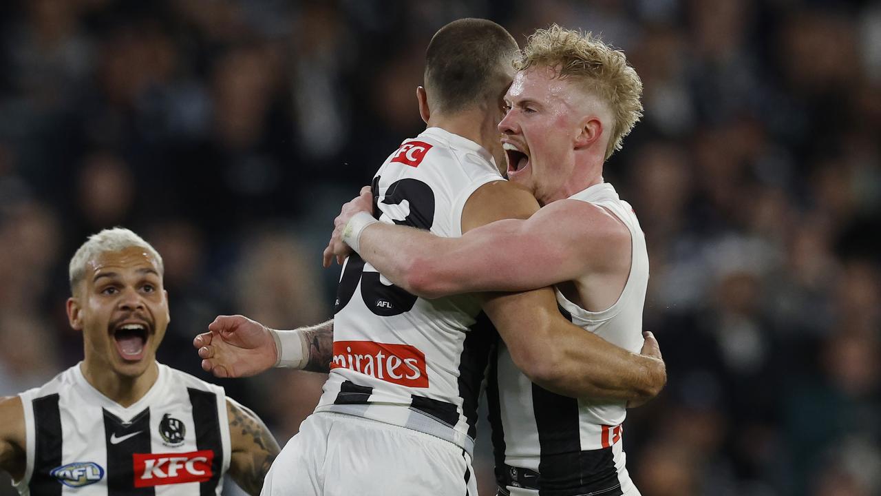 MELBOURNE , AUSTRALIA. May 3, 2024. AFL. Carlton vs Collingwood at the MCG. Lachlan Sullivan celebrates a 2nd quarter goal with John Noble and Bobby Hill . Pic: Michael Klein