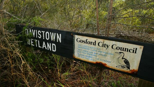 Council wetlands sign obscured by bush at the corner of Pine Avenue and Lilli Pilli Street, Davistown, residents are opposed to wetlands being promoted as a residential development site. Picture:Peter Clark