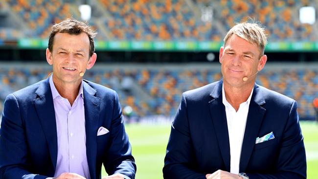 Gilchrist and Warnie at the desk for Fox Cricket.