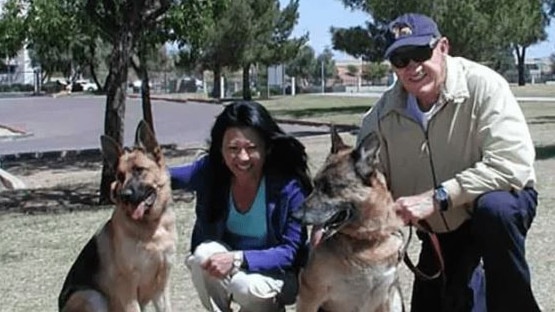 Gene Hackman and Betsy Arakawa with two of their dogs. Picture: Supplied