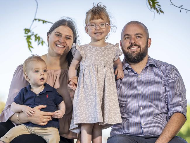 Parents Sam and Rhianna GAREY with their daughter Billie, 3 and Chester, 1. Billie was born very prematurely at 24 weeks, was a twin but sadly her sister Macie passed away at seven days. Billie was part of a world-first trial at Monash Children's where her stem cells were collected from her umbilical cord blood and transfused back to her at 10 days to "shield" her brain from damage. Picture: Jake Nowakowski