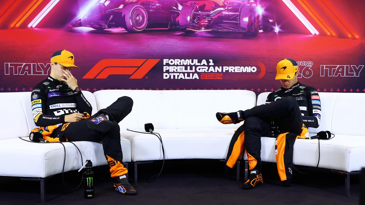 MONZA, ITALY - SEPTEMBER 01: Second placed Oscar Piastri of Australia and McLaren and Third placed Lando Norris of Great Britain and McLaren attend the Drivers Press Conference during the F1 Grand Prix of Italy at Autodromo Nazionale Monza on September 01, 2024 in Monza, Italy. (Photo by Clive Rose/Getty Images)