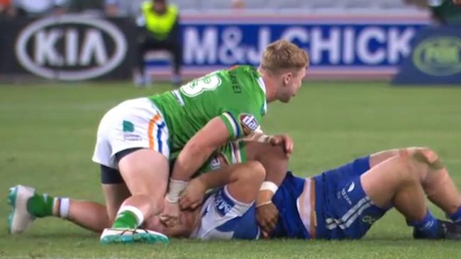 Canberra forward Hudson Young is facing a long ban for an alleged eye-gouge on Canterbury's Aiden Tolman. Picture: Fox Sports