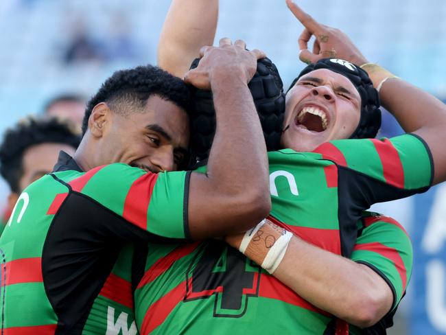 Rabbitohs players celebrate after a try. SG Ball, Bulldogs v Rabbitohs, Sydney Olympic Park, 10th April 2021. Rabbitohs win 28 to Bulldogs 18.Picture by Damian Shaw