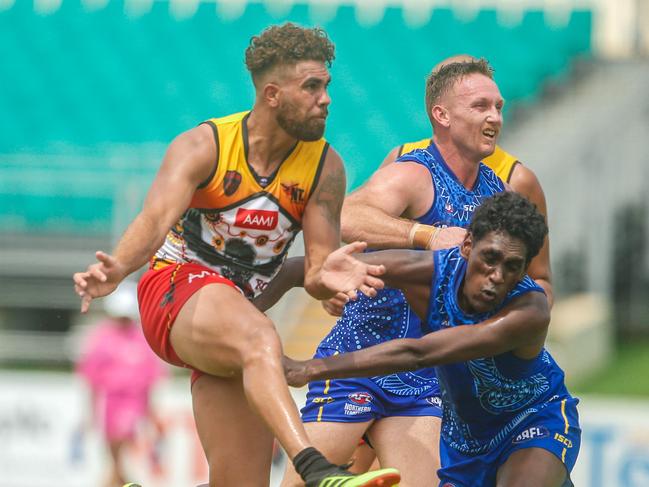 Alice Springs's Nigel Lockyer against Big Rivers at TIO Staidum. Picture: Glenn Campbell