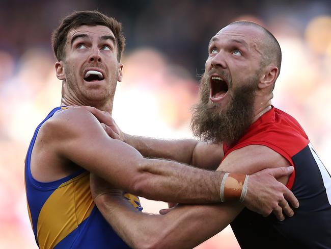 PERTH, AUSTRALIA - AUGUST 19: Scott Lycett of the Eagles and Max Gawn of the Demons contest the ruck during the round 22 AFL match between the West Coast Eagles and Melbourne Demons at Optus Stadium on August 19, 2018 in Perth, Australia.  (Photo by Paul Kane/Getty Images)