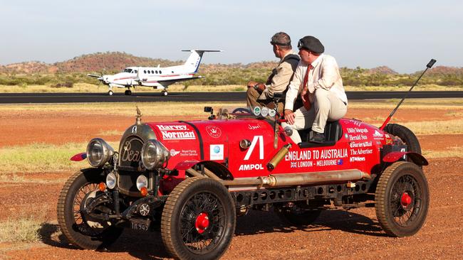 Matthew Benns and Warren Brown on board the Bean roadster. Picture: Nigel Wright