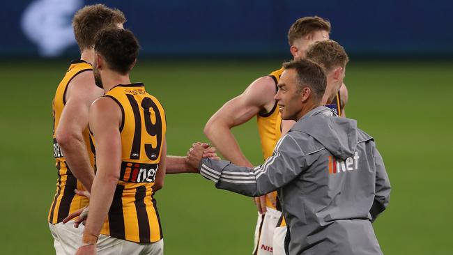 Alastair Clarkson congratulates his players after the resounding win. Picture: Getty Images