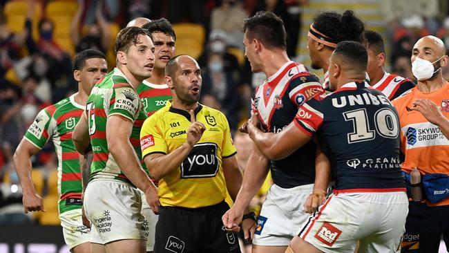 Joey Manu confronts Latrell Mitchell.