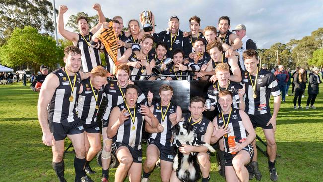 Hahndorf celebrates winning the 2019 HFL division one flag. Picture: AAP/Brenton Edwards