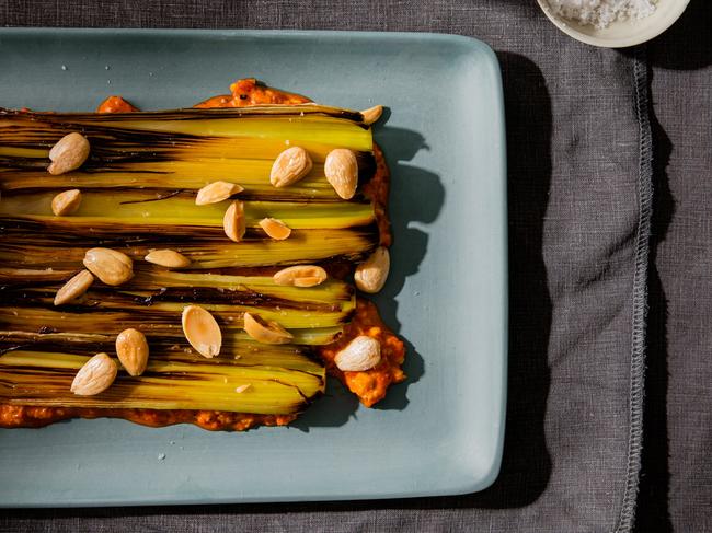 EMBARGO FOR TWAM 25 MARCH 2023. FEE MAY APPLY.  Leeks and Romesco Crudo recipe by Lennox Hastie. Incidental is Leeks. TWAM exclusive. Photo: Nikki ToEMBARGOR FOR TWAM 25 MARCH 2023. FEE MAY APPLY. Leeks and with romesco crudo recipe by Lennox Hastie. Incidental is leeks. TWAM exclusive. Photo: Nikki To