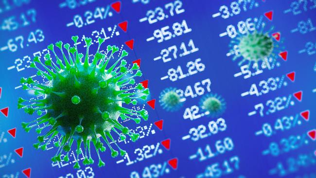 Green viruses over blue financial bar graph.