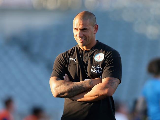 GOSFORD, AUSTRALIA - MARCH 20: Patrick Kisnorbo interim coach of Melbourne City looks on during the round 24 A-League match between the Central Coast Mariners and Melbourne City at Central Coast Stadium on March 20, 2020 in Gosford, Australia. (Photo by Ashley Feder/Getty Images)