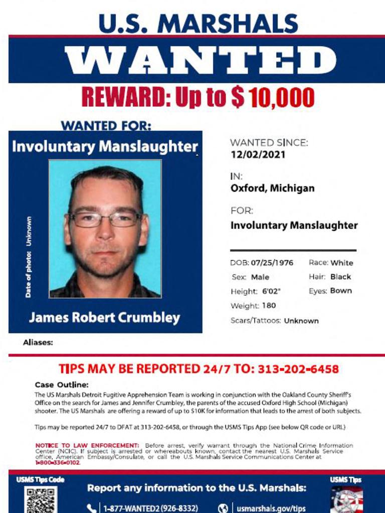 A wanted poster for James Crumbley. Picture: US Marshals/AFP
