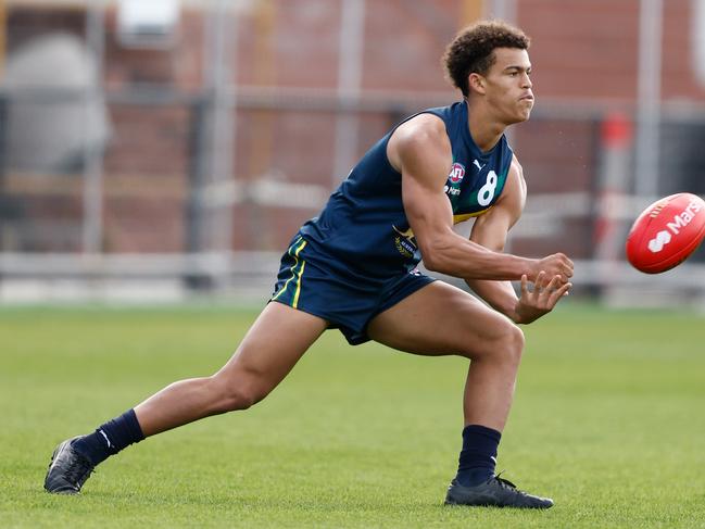 MELBOURNE, AUSTRALIA - APRIL 27: Leonardo Lombard of the AFL Academy in action during the 2024 AFL Academy match between the Marsh AFL National Academy Boys and Footscray Bulldogs at Whitten Oval on April 27, 2024 in Melbourne, Australia. (Photo by Michael Willson/AFL Photos via Getty Images)