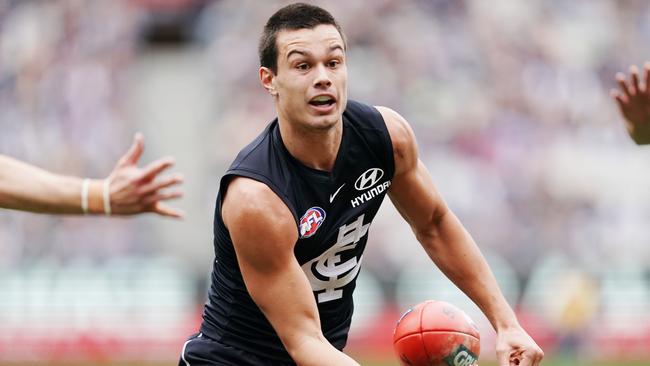 MELBOURNE, AUSTRALIA - JULY 07: Jack Silvagni of the Blues looks upfield during the round 16 AFL match between the Carlton Blues and the Melbourne Demons at Melbourne Cricket Ground on July 07, 2019 in Melbourne, Australia. (Photo by Michael Dodge/Getty Images)