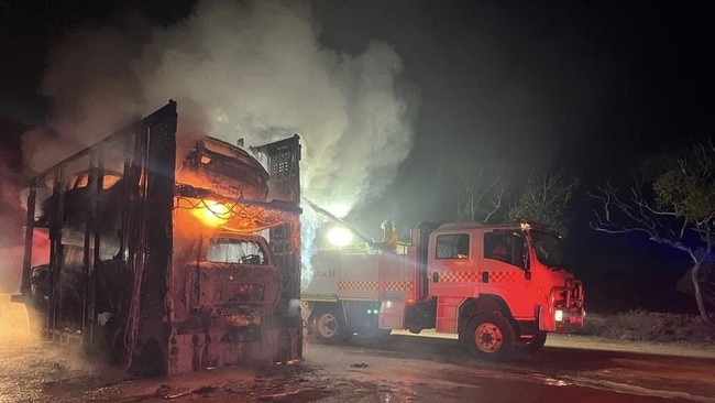 The fire engulfed a vehicle transport truck. Picture: Ceduna CFS