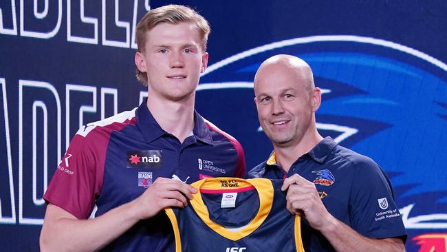 Victorian Fischer McAsey, pictured with Adelaide coach Matthew Nicks, was snapped up by the Crows with pick six at the AFL draft. Picture: AAP Image/Michael Dodge