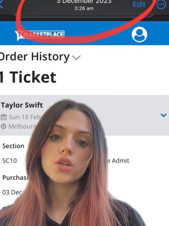 Rebecca Smedley's Eras Tour ticket disappeared from her Ticketek account. Picture: TikTok