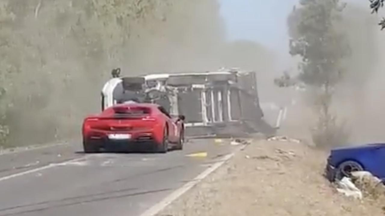 Two died as they were trapped in the burning Ferrari. Picture: Jam Press Vid