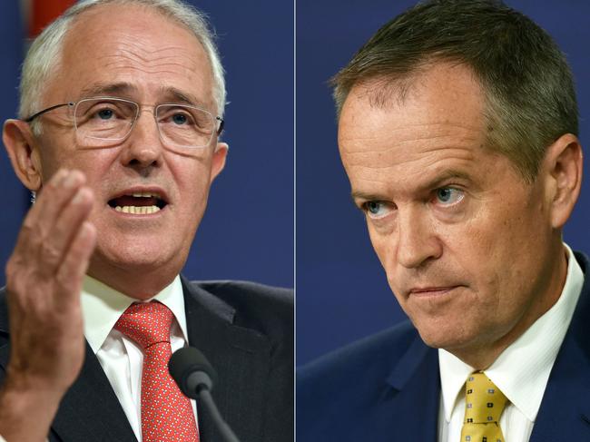 (COMBO) This combination of pictures created on May 8, 2016 shows Australian Prime Minister Malcolm Turnbull (L) speaking at a press conference in Sydney on May 6, 2016, where he announced Singapore will invest up to 1.67 billion USD in Australia's defence infrastructure and hike the number of its troops training here as the nations deepen trade and defence ties, and Australia's opposition Labor Party leader Bill Shorten (R) speaking to the media in Sydney after Australia's Prime Minister threatened on March 21, 2016, to hold early general elections in July unless the upper house agrees to pass deadlocked legislation to overhaul unions. Turnbull on May 8, 2016 called an election for both houses of parliament on July 2 as he seeks his own mandate with the public just eight months after deposing predecessor Tony Abbott in a party coup. / AFP PHOTO / William WEST AND William WEST