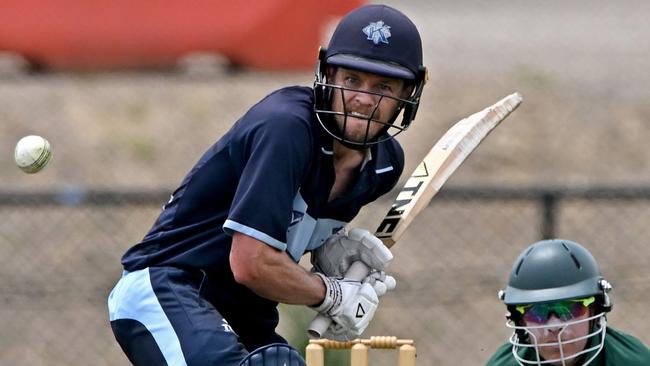 KewÃs David Wildsmith and SpotswoodÃs Ross Horkings during theVSDCA Spotswood v Kewcricket match in Spotswood, Saturday, Jan. 6, 2024. Picture: Andy Brownbil