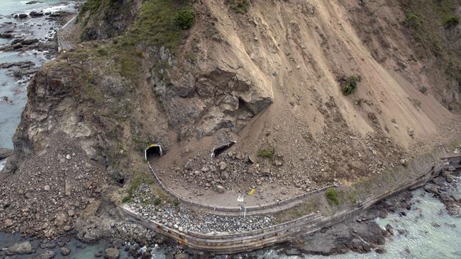 A landslide covers a section of State Highway 1 near Kaikoura after a powerful earthquake hit New Zealand on November 14, 2016. Picture: David Alexander/SNPA via AP