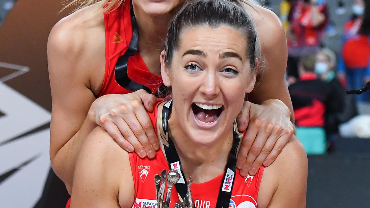 Sophie Garbin of the Swifts celebrate with the trophy after the 2021 Super Netball Grand Final. Picture: Getty Images