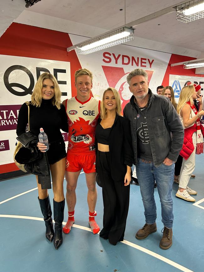 Jana (pictured centre with Erin Molan, left, and Dave Hughes,right) has discovered the secret to meeting a man at the footy - go to the pub beforehand.