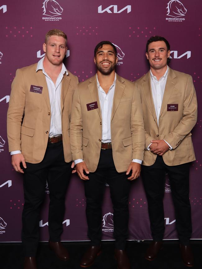 Thomas Flegler, Jordan Pereira and Kobe Hetherington at the Brisbane Broncos’ season launch at Water’s Edge, Hamilton. Picture: David Clark