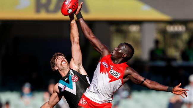 Port Adelaide is unlikely to give up a ruckman, such as Scott Lycett, for Sydney’s Aliir Aliir. Picture: Matt Turner/AFL Photos