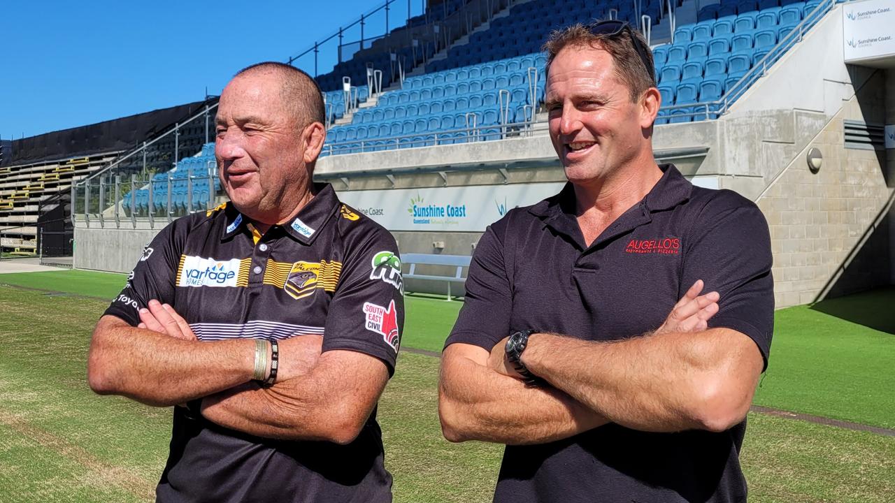 Ashley Robinson, left, pictured with fellow Sunshine Coast rugby league personality and Billy Moore, is a board member of the Sunshine Coast Falcons.