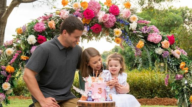 Parents Chandler Powell and Bindi Irwin pictured with their daughter Grace who celebrated her 3rd birthday with a garden party at Australia Zoo. Picture: Instagram