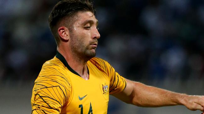 KUWAIT CITY, KUWAIT - SEPTEMBER 10: Brandon Borrello of Australia in action during the FIFA World Cup Qatar 2022 and AFC Asian Cup China 2023 Preliminary Joint Qualification Round 2 match between Kuwait and the Australia Socceroos at Kuwait Club Stadium on September 10, 2019 in Kuwait City, Kuwait. (Photo by Tom Dulat/Getty Images)