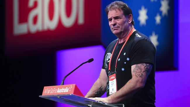 John Setka delivers a speech at last year’s Labor Party national conference; he now appears likely to be expelled from the party, and is facing calls to step down as Victorian secretary of the CFMEU. Picture: AAP