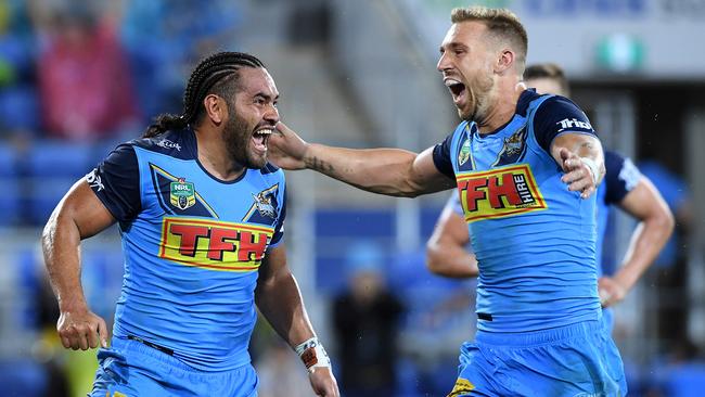 Bryce Cartwright (R) celebrates a try with Konrad Hurrell early in the 2018 season. Picture: AAP Image